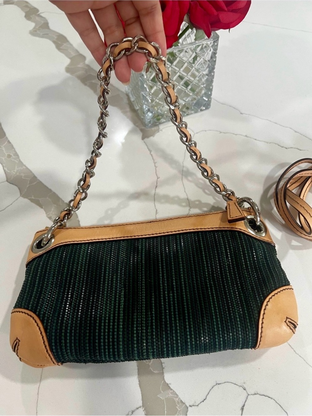Parris Italy Mini Leather Shoulder Bag Woven Green Crossbody Chain Made Italy